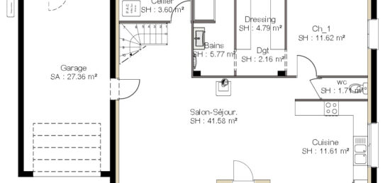 Plan de maison Surface terrain 139 m2 - 6 pièces - 4  chambres -  avec garage 