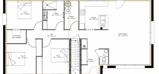 Plan de maison Surface terrain 113 m2 - 5 pièces - 3  chambres -  avec garage 