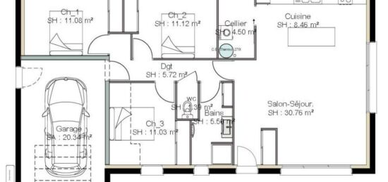 Plan de maison Surface terrain 94 m2 - 5 pièces - 3  chambres -  avec garage 