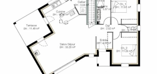 Plan de maison Surface terrain 86 m2 - 4 pièces - 2  chambres -  avec garage 