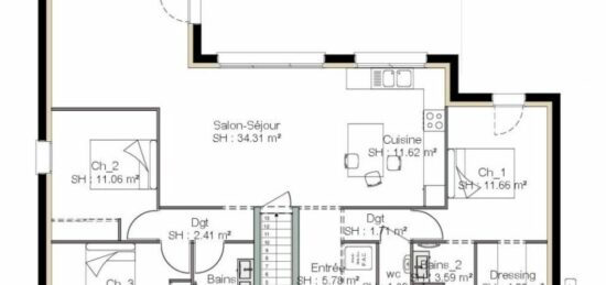 Plan de maison Surface terrain 106 m2 - 6 pièces - 3  chambres -  avec garage 