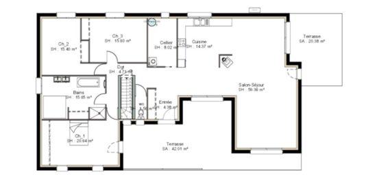 Plan de maison Surface terrain 159 m2 - 6 pièces - 3  chambres -  avec garage 
