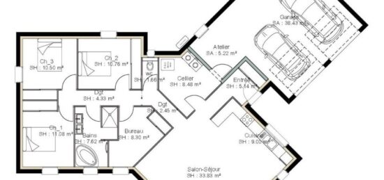 Plan de maison Surface terrain 122 m2 - 7 pièces - 4  chambres -  avec garage 