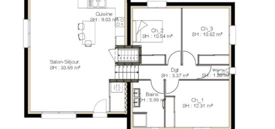 Plan de maison Surface terrain 92 m2 - 5 pièces - 3  chambres -  avec garage 