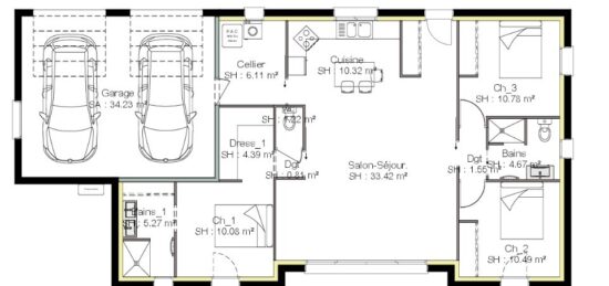 Plan de maison Surface terrain 103 m2 - 7 pièces - 3  chambres -  avec garage 