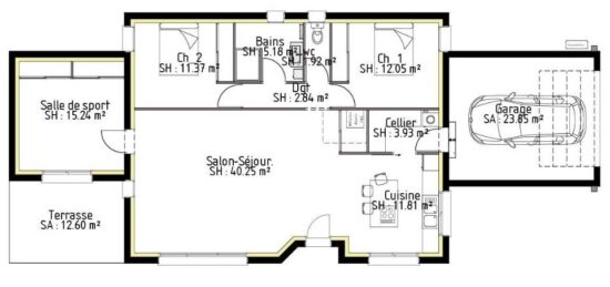 Plan de maison Surface terrain 106 m2 - 5 pièces - 3  chambres -  avec garage 