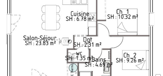 Plan de maison Surface terrain 88 m2 - 4 pièces - 2  chambres -  avec garage 