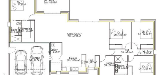 Plan de maison Surface terrain 151 m2 - 7 pièces - 4  chambres -  avec garage 