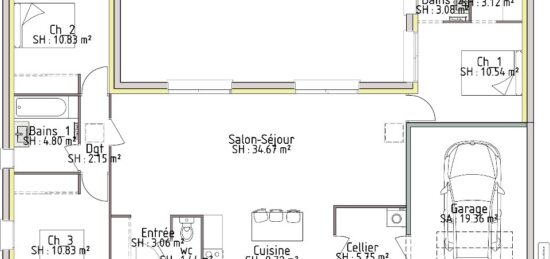 Plan de maison Surface terrain 103 m2 - 6 pièces - 3  chambres -  avec garage 