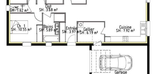 Plan de maison Surface terrain 114 m2 - 5 pièces - 3  chambres -  avec garage 