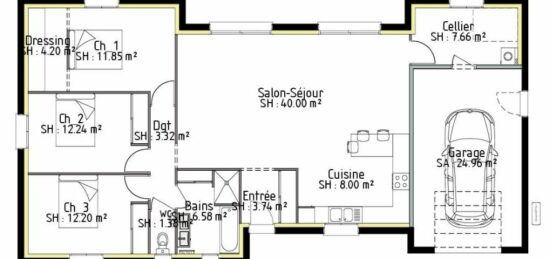 Plan de maison Surface terrain 115 m2 - 5 pièces - 3  chambres -  avec garage 