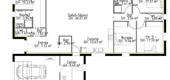 Plan de maison Surface terrain 131 m2 - 7 pièces - 4  chambres -  avec garage 