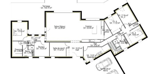 Plan de maison Surface terrain 206 m2 - 9 pièces - 7  chambres -  avec garage 
