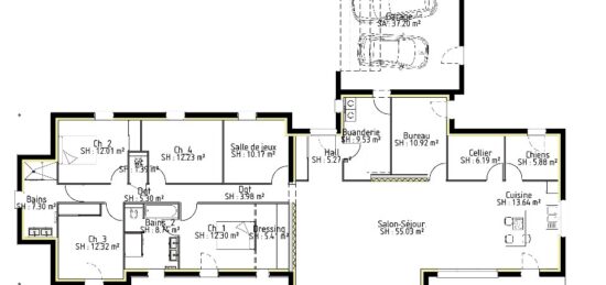 Plan de maison Surface terrain 205 m2 - 8 pièces - 6  chambres -  avec garage 