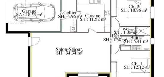 Plan de maison Surface terrain 85 m2 - 4 pièces - 2  chambres -  avec garage 