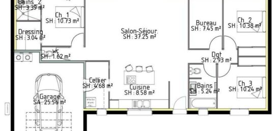 Plan de maison Surface terrain 109 m2 - 5 pièces - 3  chambres -  avec garage 