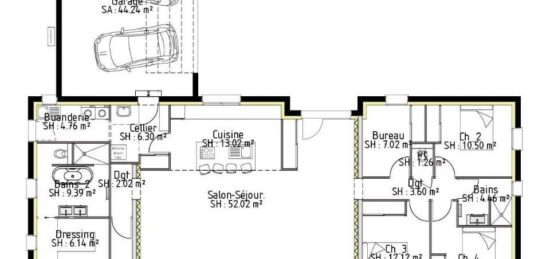 Plan de maison Surface terrain 167 m2 - 6 pièces - 4  chambres -  avec garage 