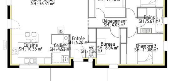 Plan de maison Surface terrain 108 m2 - 8 pièces - 5  chambres -  avec garage 