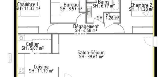 Plan de maison Surface terrain 104 m2 - 5 pièces - 3  chambres -  avec garage 