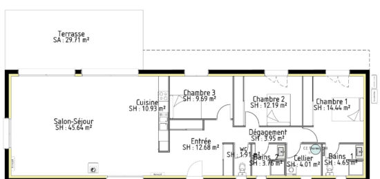 Plan de maison Surface terrain 123 m2 - 5 pièces - 3  chambres -  avec garage 