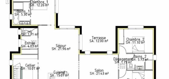 Plan de maison Surface terrain 125 m2 - 6 pièces - 3  chambres -  avec garage 