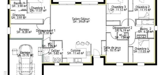 Plan de maison Surface terrain 142 m2 - 7 pièces - 5  chambres -  avec garage 