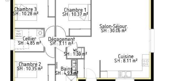 Plan de maison Surface terrain 65 m2 - 5 pièces - 2  chambres -  sans garage 