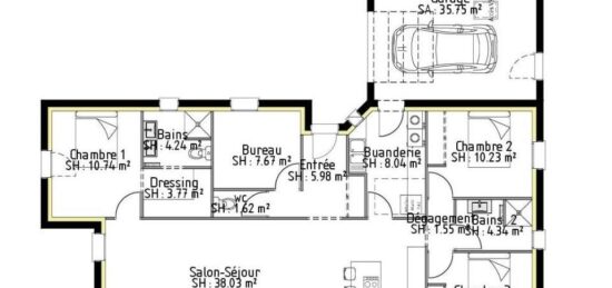 Plan de maison Surface terrain 103 m2 - 7 pièces - 3  chambres -  avec garage 