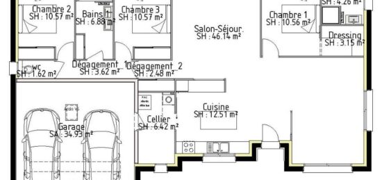 Plan de maison Surface terrain 95 m2 - 5 pièces - 3  chambres -  avec garage 