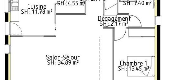 Plan de maison Surface terrain 65 m2 - 2 pièces - 2  chambres -  sans garage 