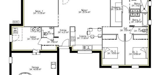 Plan de maison Surface terrain 103 m2 - 6 pièces - 3  chambres -  avec garage 