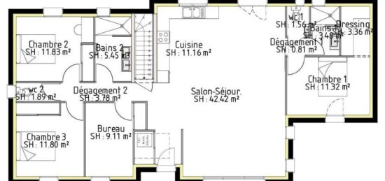 Plan de maison Surface terrain 111 m2 - 5 pièces - 3  chambres -  avec garage 