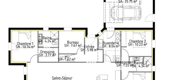 Plan de maison Surface terrain 117 m2 - 5 pièces - 3  chambres -  avec garage 