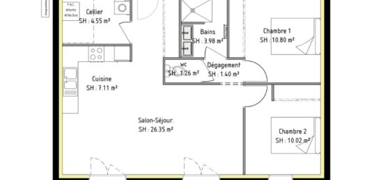 Plan de maison Surface terrain 65 m2 - 4 pièces - 2  chambres -  avec garage 