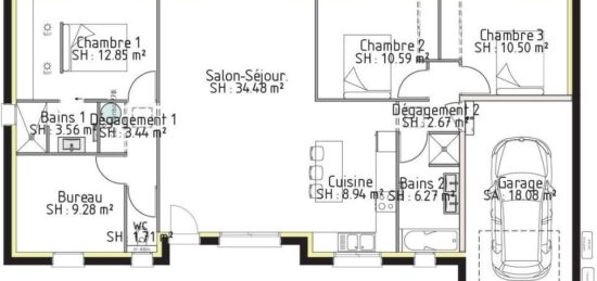 Plan de maison Surface terrain 117 m2 - 5 pièces - 3  chambres -  avec garage 
