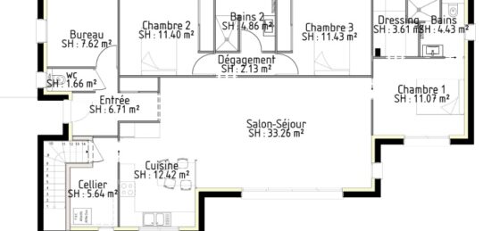 Plan de maison Surface terrain 116 m2 - 5 pièces - 3  chambres -  avec garage 