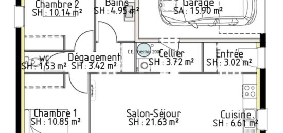 Plan de maison Surface terrain 60 m2 - 4 pièces - 2  chambres -  sans garage 