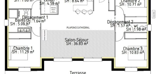 Plan de maison Surface terrain 100 m2 - 5 pièces - 3  chambres -  sans garage 