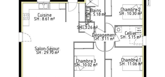 Plan de maison Surface terrain 84 m2 - 5 pièces - 3  chambres -  sans garage 