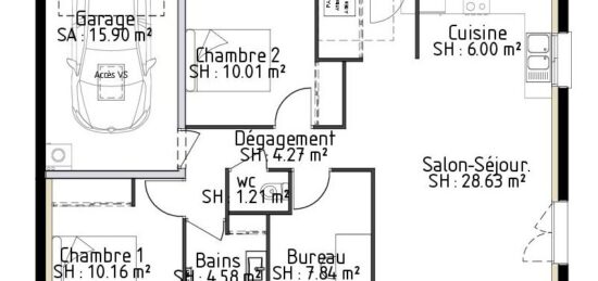 Plan de maison Surface terrain 72 m2 - 4 pièces - 2  chambres -  avec garage 